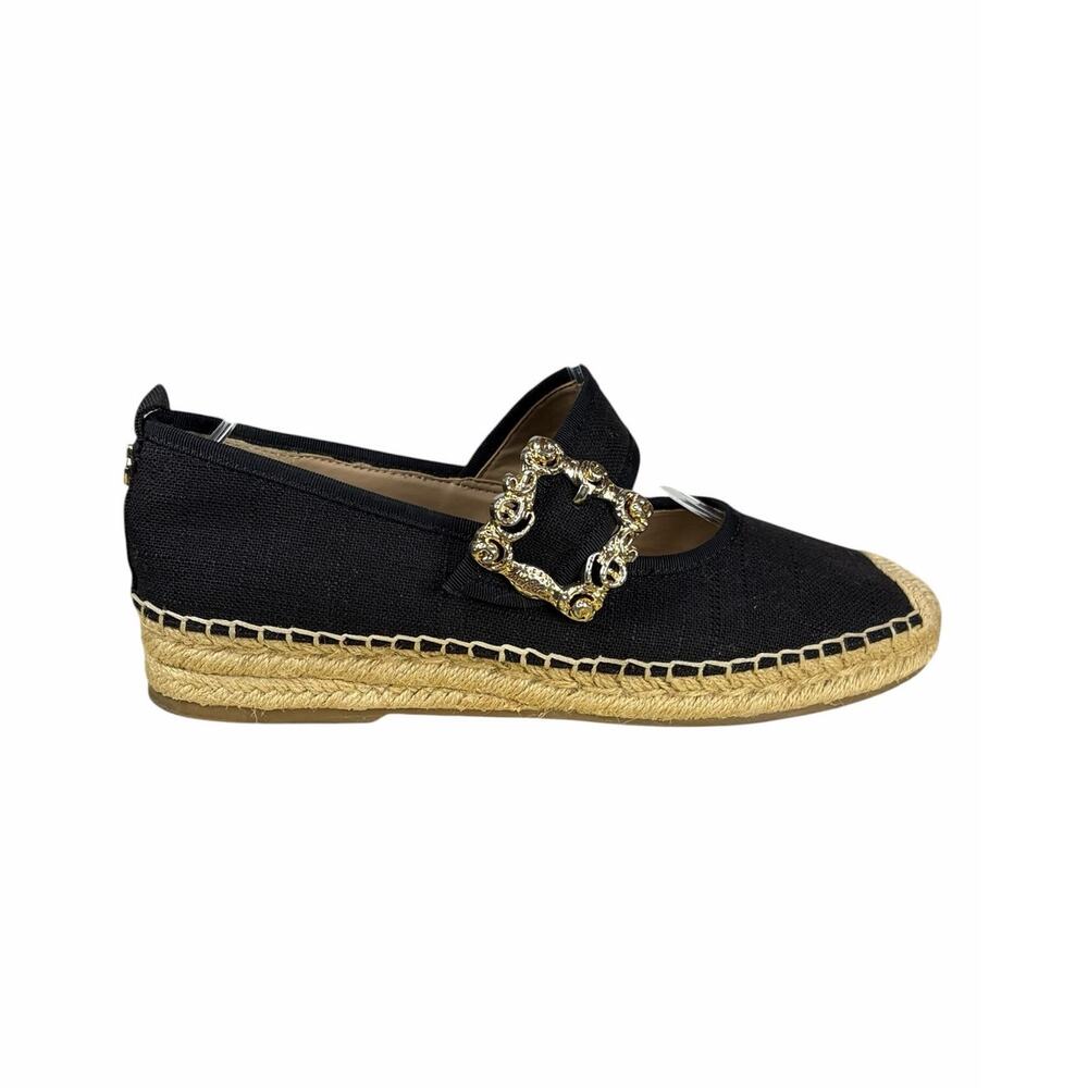 Sam Edelman Maddy Black Canvas Espadrille Mary Jane Flats Size 8 Gold Buckle